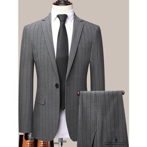2021 Mens Business Vertical Pattern Suit Youth Double Buckle Slim Fit Business Work Suit Bridegroom Wedding Suit Two Pieces