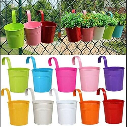 New 10 Pcs Metal Iron Hanging Planters Balcony Garden Plant Pots Bucket Flower Pot Holders For Wall Vase Fence Window Home Decor