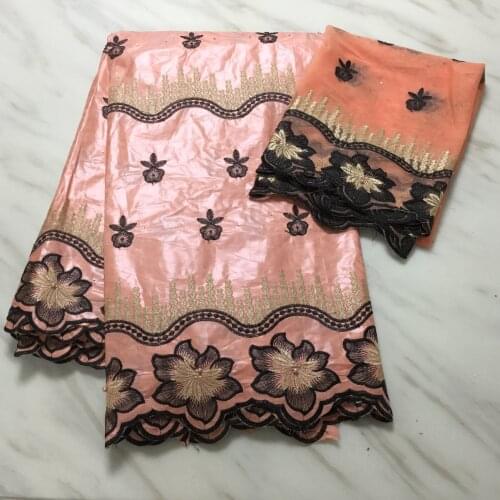 2020 New Peach Guinea Bazin Riche Brode Lace Fabrics With Stones 5+2 Yards Nigeria African Embroidery Basin Lace Wedding Fabric