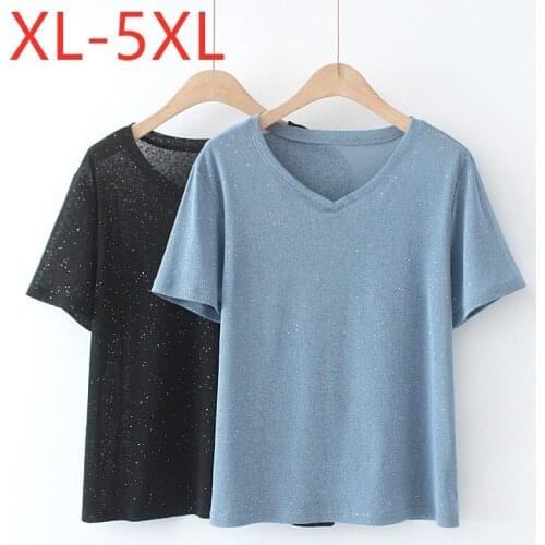 New 2021 Ladies Summer Plus Size Tops For Women Large Short Sleeve Slim Sequins Blue Elastic Knit V-neck T-shirt 3XL 4XL 5XL 6XL