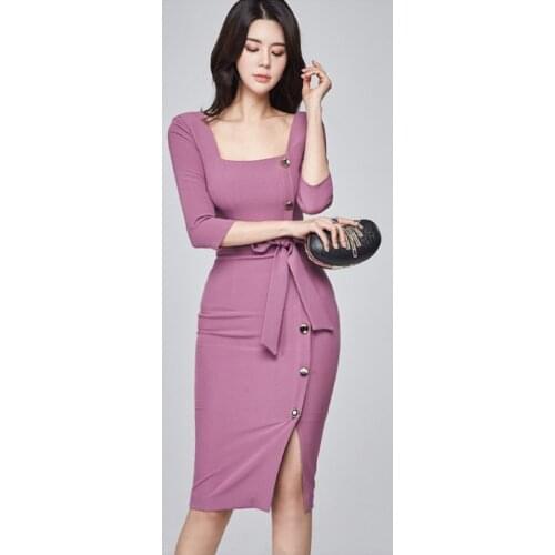 New arrival comfortable work style solid formal dress temperamental office lady high quality sexy cute bow slim pencil dress