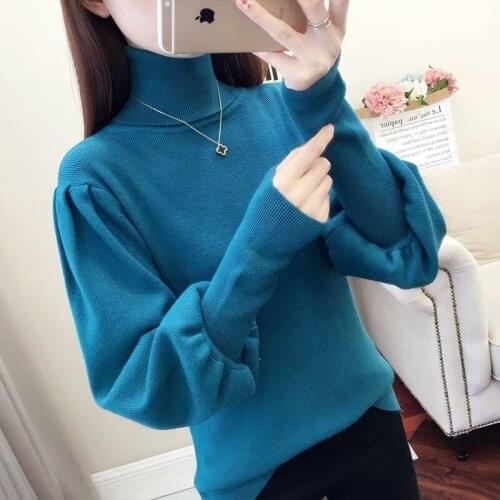 Solid Color Turtleneck Sweater Womens Autumn Winter New Lantern Sleeve Knitted Pullover Tops Fashion Loose Bottoming Shirt Tide