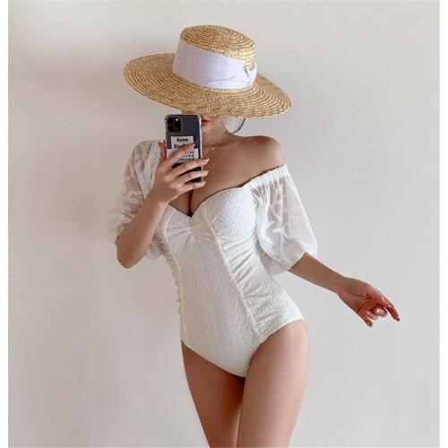 Sexy Off Shoulder One Piece Swimsuit Women Solid Swimwear Short Sleeve Monokini Push Up Lace Bandeau Bathing Suit White Pleated