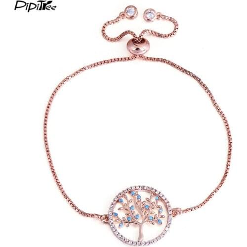 Pipitree Summer New Blue Zircon Life Tree Bracelet Femme Slider Chain Rose Gold Color Charm Bracelets for Women Lovely Jewelry