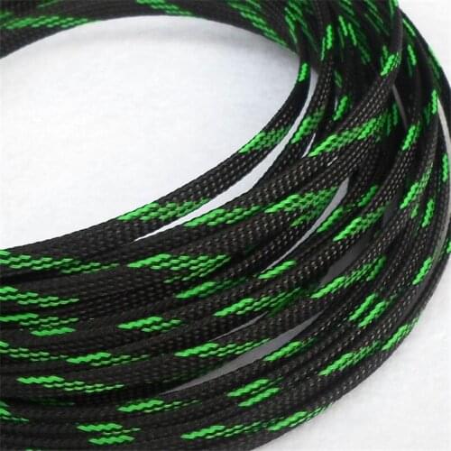 1/10/100 Meters Black & Green High quality 6mm Braid PET Expandable Sleeving High Density Sheathing Plaited Cable Sleeves