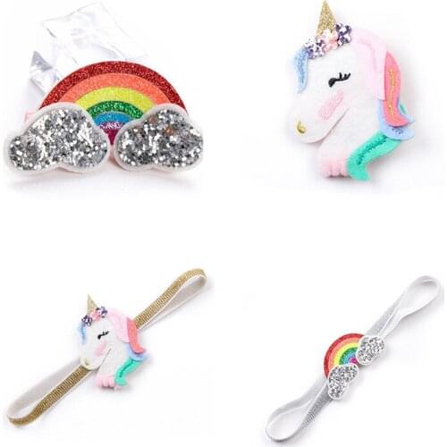 Retail 1pc Fashion Cute Glitter Floral Unicorn Horse Hairpins Hair Clips Solid Felt Rainbow Headbands Princess Headwear