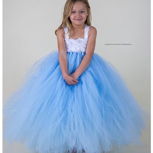Little Girls Blue Tutu Dress Kids Crochet Tulle Dress Ball Gown with White Shabby Flowers Children Birthday Party Costumes Dress