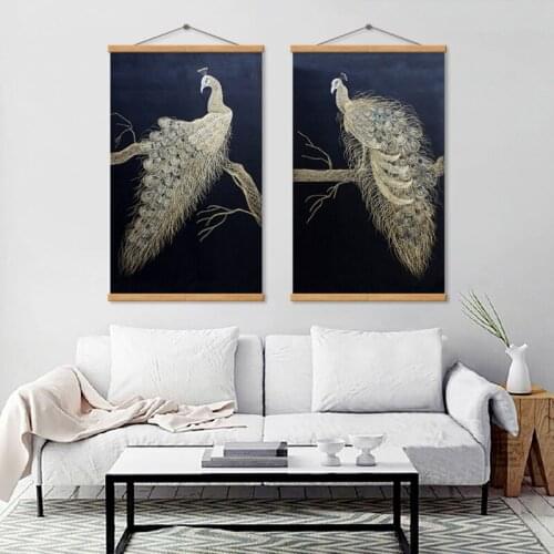 SPLSPL Traditional Chinese Silk Paintings Golden Peacock Animals Wall Art Picture Posters and Prints Oil Painting Canvas Decors