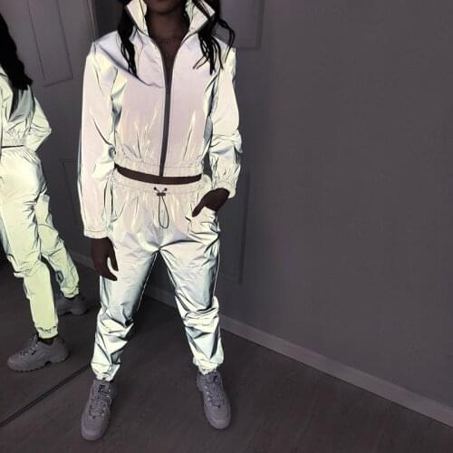 Reflective Women Set Tracksuit Two Piece Set Casual Hip Hop Jackets Night Light Clothes Long Pant Suit 2021 Plus Size