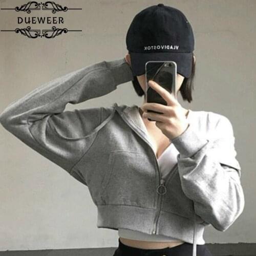 Dueweer Hoodies Women Hooded Solid Short Style Zipper Slim Harajuku Chic Simple All-match Thin Long Sleeve Ulzzang Streetwear