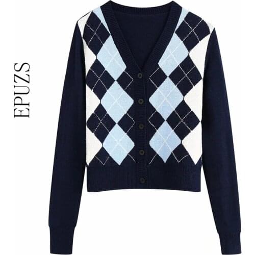 Vintage blue pink Cardigan women crop sweater Geometric Pattern Short Knitted Sweater winter Long Sleeve England Style Outerwear