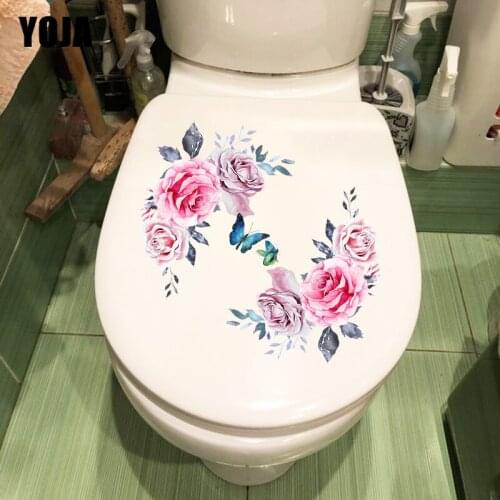 YOJA 22.5X22.8CM Watercolor Rose Butterfly Bedroom Decoration Wall Sticker Creative Toilet Seat Decals T1-2218