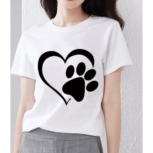Womens T-shirt All-match Korean Ins Style Puppy Paw Print Love Pattern Printing Series Ladies Round Neck Slim Commuter Soft Top