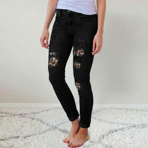 Female Ripped Leopard Print Trousers Skinny Stretch Denim Fashion Pencil Pants Street Casual Hipster Capris Tight Jeans For Lady