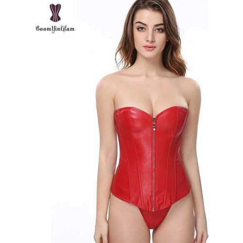 Plus Size Corset Faux Leather Gothic Korset Solid Black Red Gorset Elastic Boned Weight Loss Bustier Corsets Sexy Zipper Korse