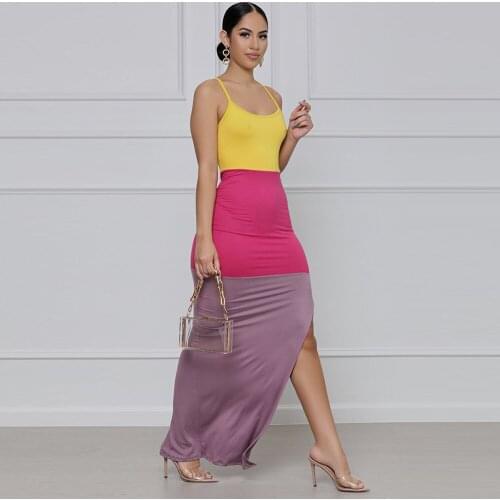 Contrast Color Patchwork Summer Long Party Dress Elegant Spaghetti Strap Sleeveless Vestidos Sexy Side High Split Sundress New