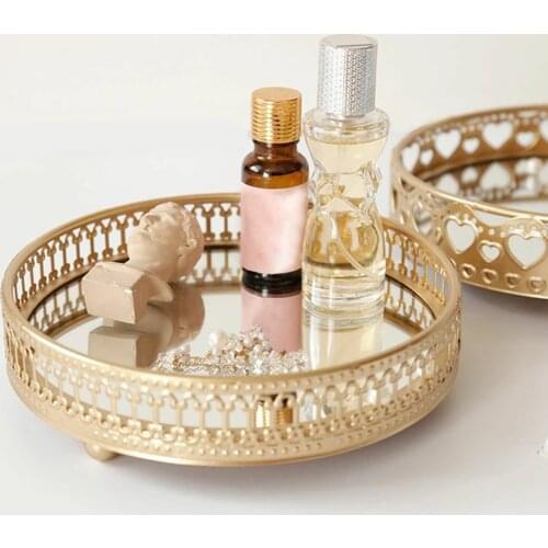 1Pc Golden Color Delicate Jewelry Storage Tray Glass Mirror Base Bedroom Desktop Cosmetic Decorative Perfume Storage Box JU0068