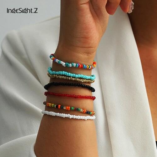 IngeSight.Z 7pcs/Set Bohemian Rainbow Seed Bead Bracelets Bangles Charm Colorful Acrylic Wrist Chain Bracelet for Women Jewelry