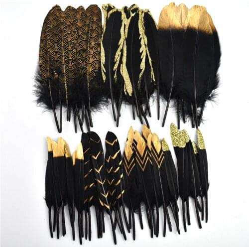 20Pcs/Lot Black Gold Golden Duck Goose Feathers for Crafts DIY Party Geese Feather Decor Carnival Fly Tying Materials Decoration