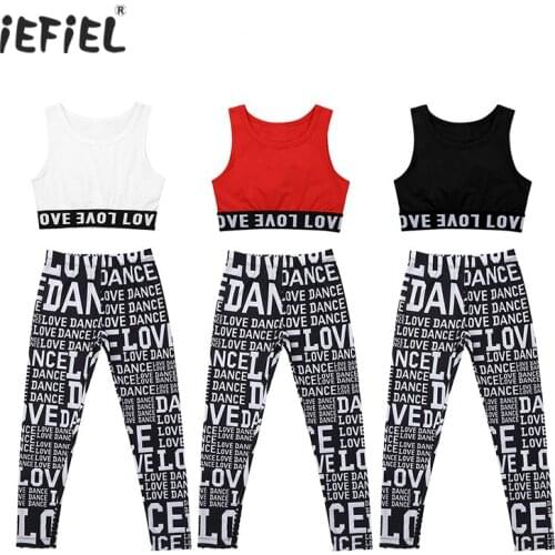 Kids Girls Sleeveless Round Neck Tanks Tops Crop Top with Pants Leggings Tights for Modern Jazz Street Dance Stage Performance