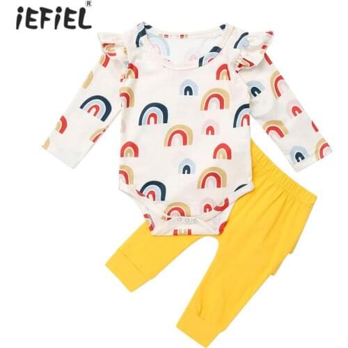 Baby Jumpsuit 2Pcs Infant Baby Girls and Boys Clothes Round Neck Long Sleeve Rainbow Print Romper and Elastic Waistband Pants
