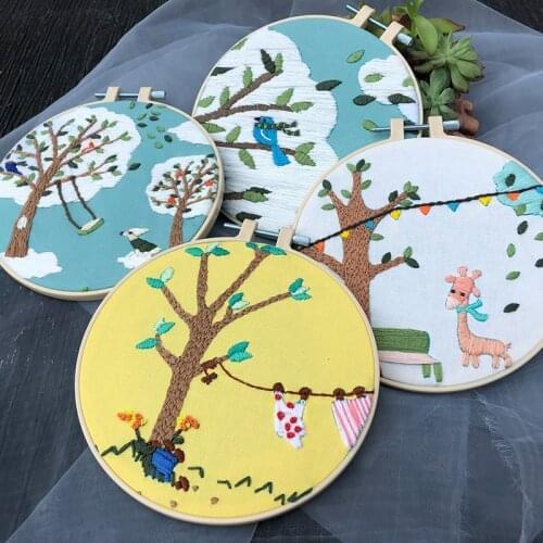 DIY Stamped Embroidery Starter Kit With Tree Bird Dog Patterns Embroidery Cloth Color Threads Tools Kit