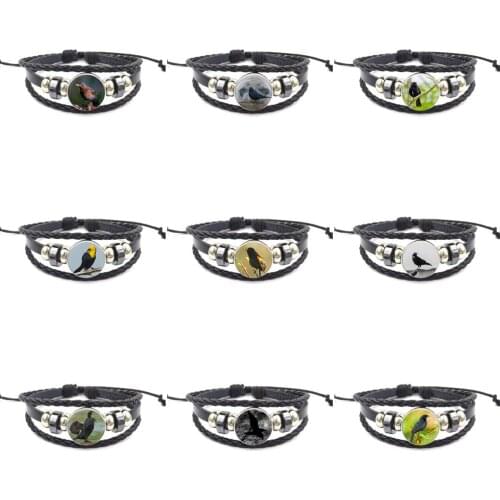 EJ Glaze For Women Kids Gift Black Bird Christmas Jewelry Glass Cabochon Black Leather Bracelet Bangle