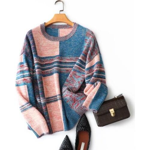 European fashion patchwork elegant sweater oversized autumn winter warm soft high quality 100% cashmere sweaters women knitwear