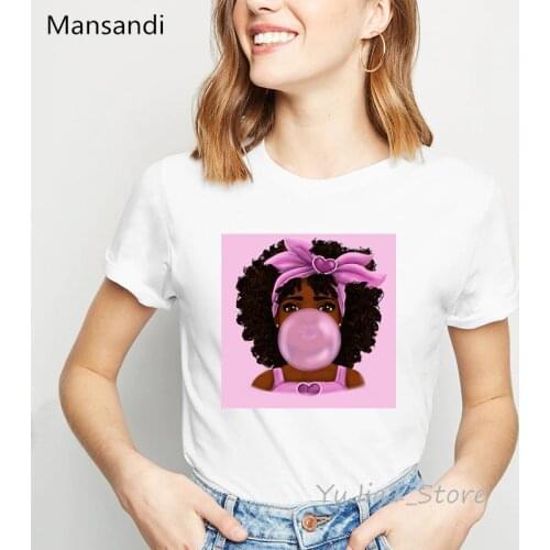 Cute Bubble Gum Curly Hair black gilr print t shirt women melanine shirt summer harajuku kawaii clothes top white female t-shirt