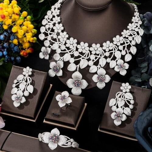 Missvikki High Quality Sparkly Luxury Blooming Flowers Big Necklace Bangle Earrings Ring Jewelry Set Brides Wedding Jewellery