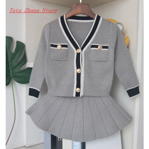 Fashion Girls Clothes Set Winter Grey Cardigan Sweater with Skirt 2 Pcs Set Children Outerwear Cute Baby Girl Sets Outfits Set