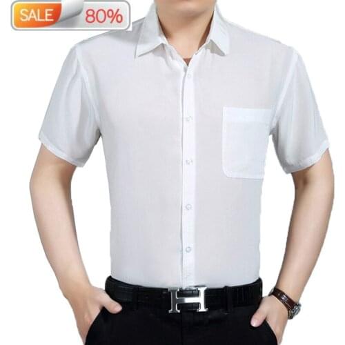 Summer Real Silk Men Short Sleeve White Shirt 2020 Formal Mens Shirts Casual Slim Fit Camisa Masculina B21939