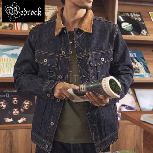 Bedrock 16oz primary indigo unwashed raw denim jacket for men Corduroy collar selvedge jacket Reproduce Storm Rider denim jacket