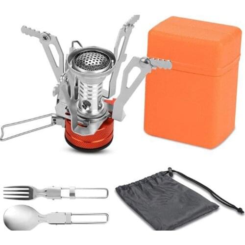 Portable Mini Camping Gas Stove Pocket Stoves Burner with Piezo Ignition Fork Spoon For Outdoor Picnic Hiking Cooking