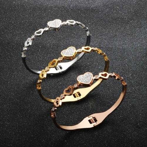 Luxury Hollow Heart Lover CZ Crystal Cuff Bangle Fashion Stainless Steel Rhinestone Men Women Bracelets Engagement Party Jewelry