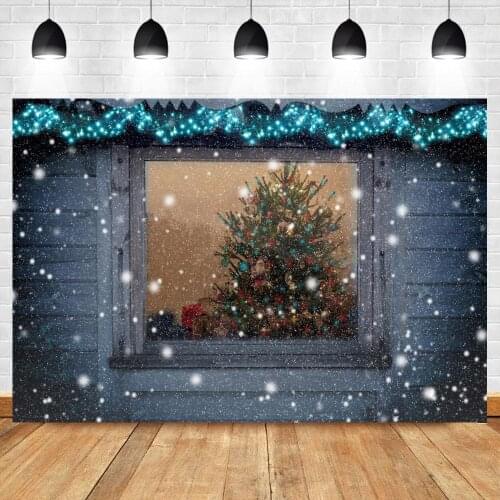Christmas Snow Grey Wood Window Photography Backdrops Winter Snowflake Christmas Tree Decor Photocall Background Photo Studio
