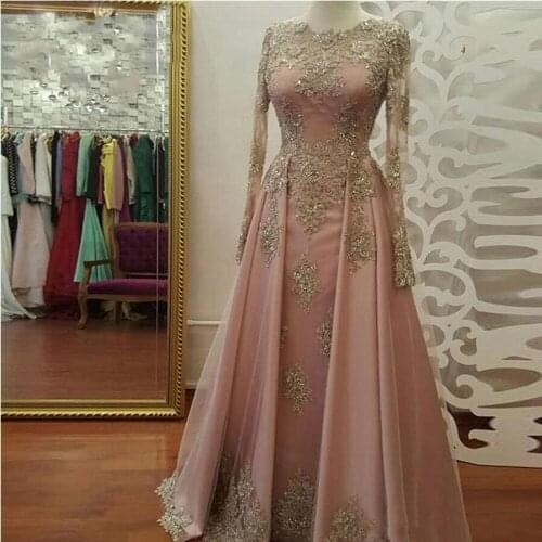 Modest Blush Pink Evening Dresses Long Sleeve Lace Appliques Crystal Party Dresses Prom Wear 2020 vestidos de fiesta