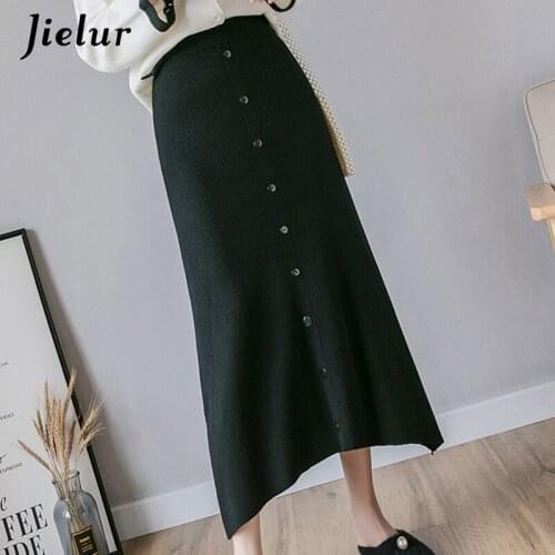 Jielur Women Skirt Slim Button Chic Saia Faldas A-line Skirts Femme Korean Knitted Skirts Womens Autumn Winter Elastic Waist