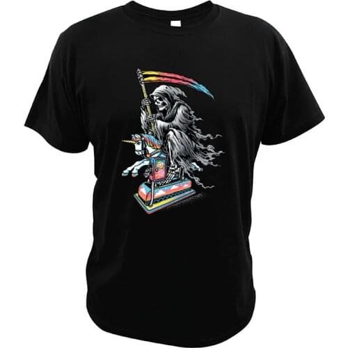 Funny Death Enjoying Life T Shirt Coin Operated Ride Grim Reaper Riding Unicorn Funny Graphic Mashup Summer Short Sleeves