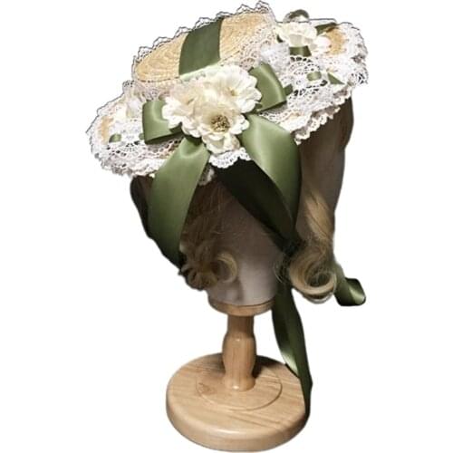 Women Girls Lolita Elegant Tea Party Flat Hat Multilayer Lace Bonnet Artificial Flower Ribbon Bow Straw Beach Sun Cap