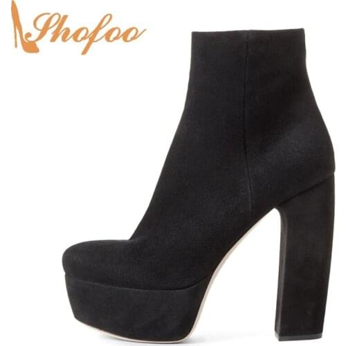 Black Flock Platform High Square Heels Boots Round Toe Shoes Womens Zipper Large Size 12 15 Ladies Winter Ankle Booties Shofoo