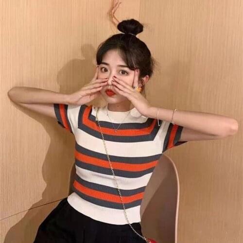 Woman Tshirts Spring/Summer Crew Neck T-shirt Striped Knitwear Womens Short Sleeve Short Top Crop Top Mujer Camisetas