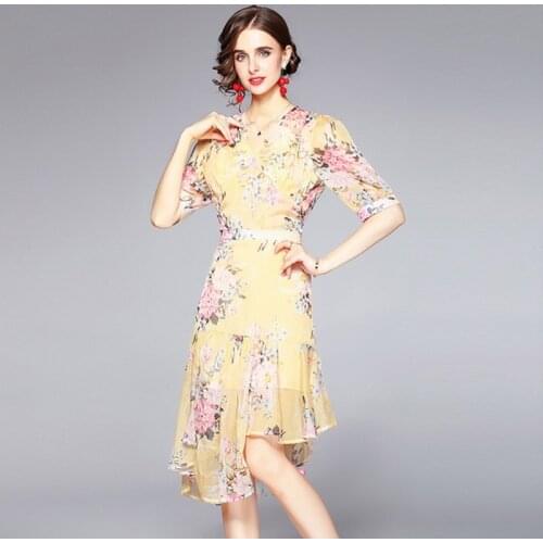 2021Summer Fashion Suits Womens Elegant Printed Short Sleeve V Neck Blouse and Vintage Hight Waist irregular Skirt Two Pieces S