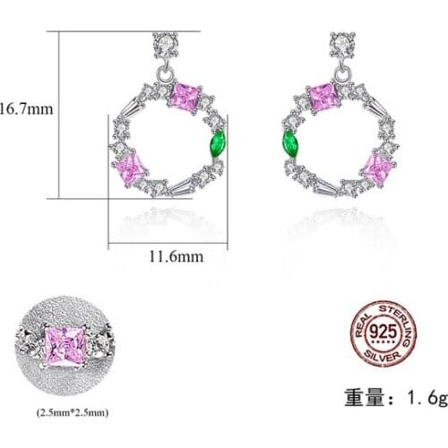HOT Sell S925 Sterling Silver Womens Temperament hollow circle Crystal zircon ruby sapphire stud Earrings