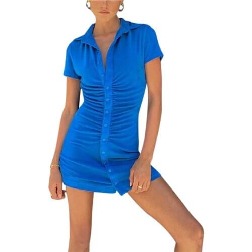 Women Elegant Short Sleeve Skinny Button Mini Dress Summer Turn-Down Collar Ruched Shirt Dress Solid Slim Party Dresses Vestidos