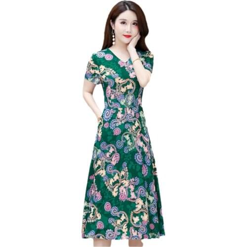 New Fashion Women Summer Floral Dress Casual Short Sleeve V-Neck Boho Middle-Aged Female Dresses Plus Size 5XL Vestidos H1422