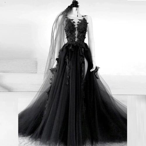 Gothic Black Bridal Dress Floral With Veil Vestido De Noiva Abendkleider Sheer Tulle Lush Wedding Gowns Applique Open Back