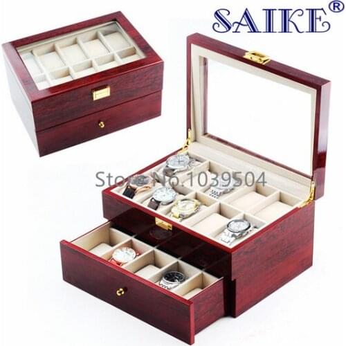 Free shipping 20 Slots Watch Display Box Red MDF Brand Watches Box Case Fashion 20 Grids Two Layers Watch Storage Gift Box M064
