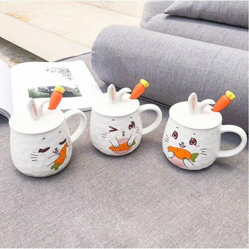 Large Ceramic Cup Cartoon Cute Cup Bunny Ceramic Cover Mark Glass Men and Women Students Couples Gift Cup
