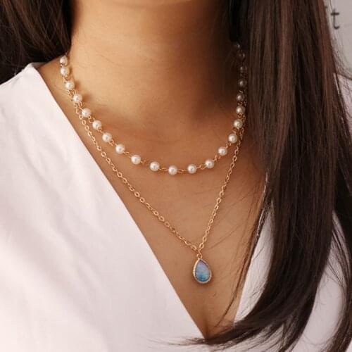 Elegant Imitation Pearl Water Drop Semi-precious Stone Pendant Necklace Women Vintage Geometric Clavicle Necklace Jewelry N1638